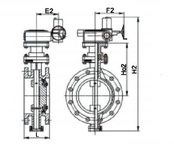 三偏心法蘭硬密封電動(dòng)蝶閥結(jié)構(gòu)示意圖